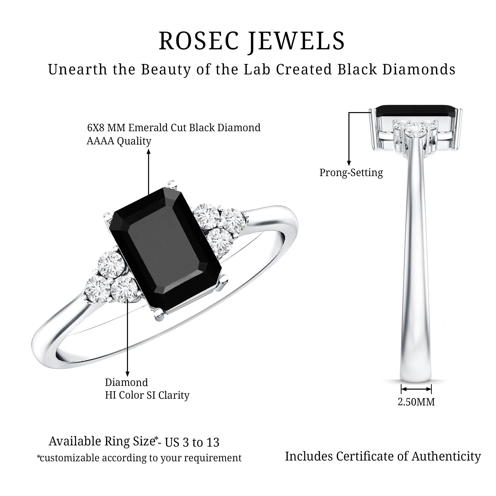 1.6 Carat Lab Grown Black Diamond Emerald Cut Engagement Ring with White Diamond