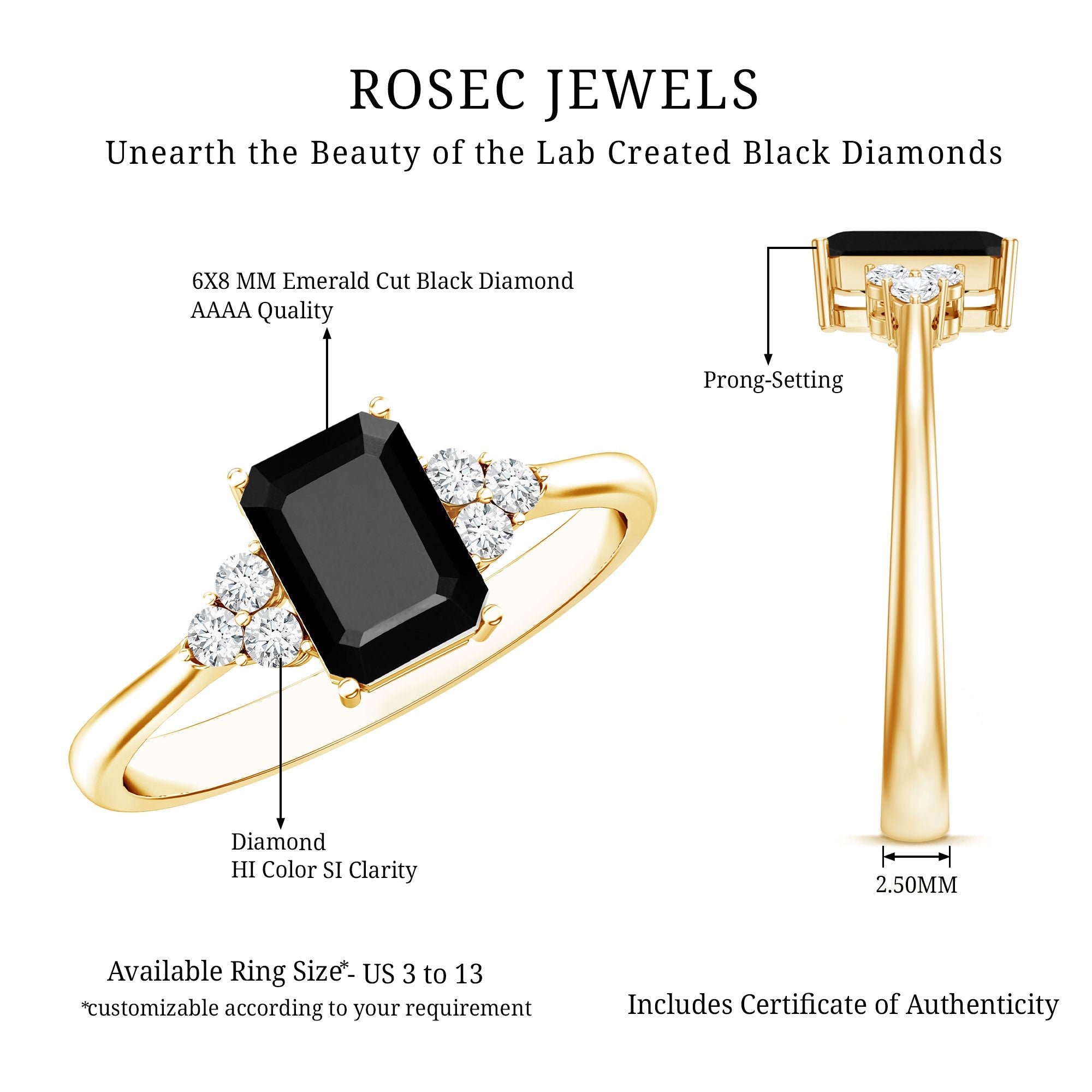 1.6 Carat Lab Grown Black Diamond Emerald Cut Engagement Ring with White Diamond