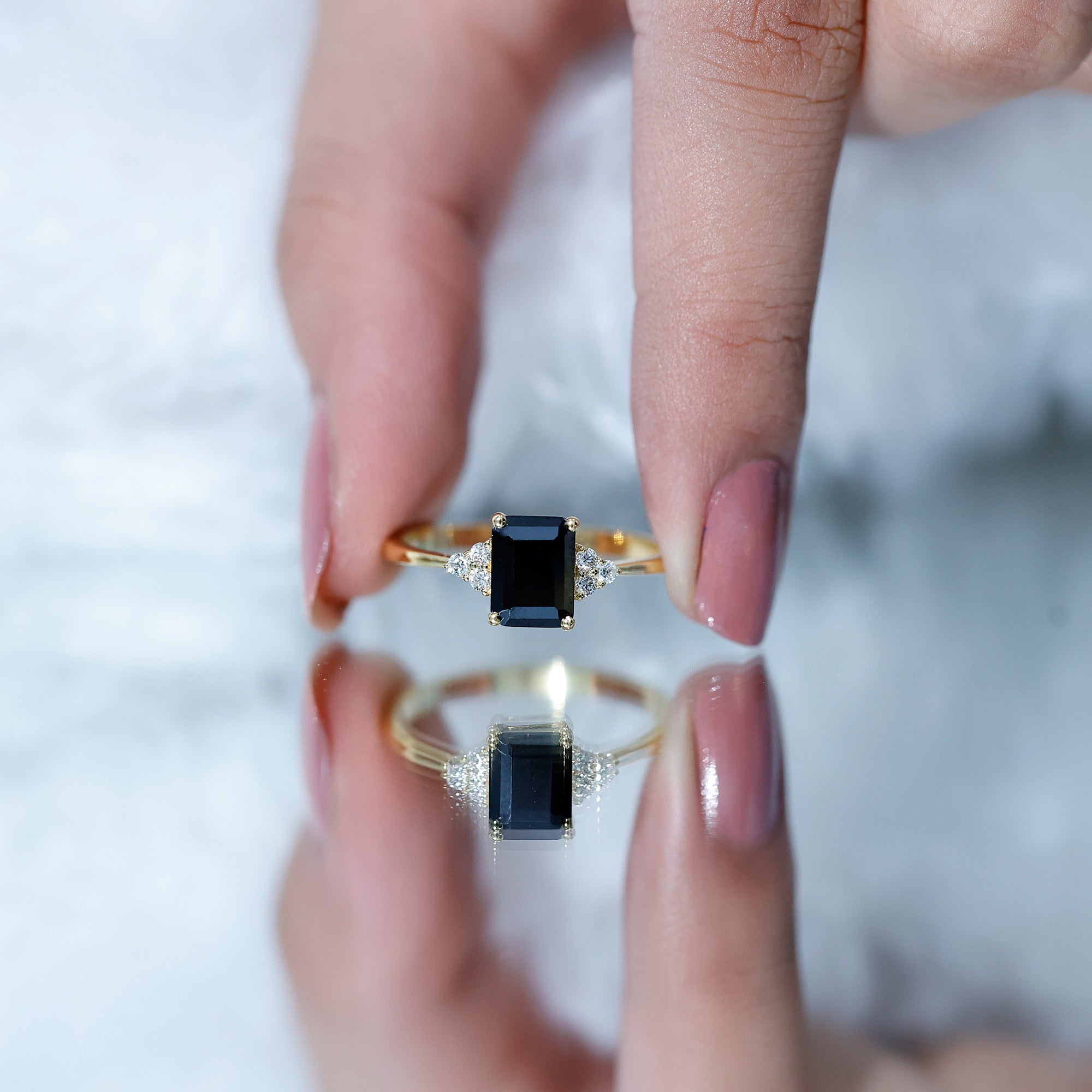 1.6 Carat Lab Grown Black Diamond Emerald Cut Engagement Ring with White Diamond