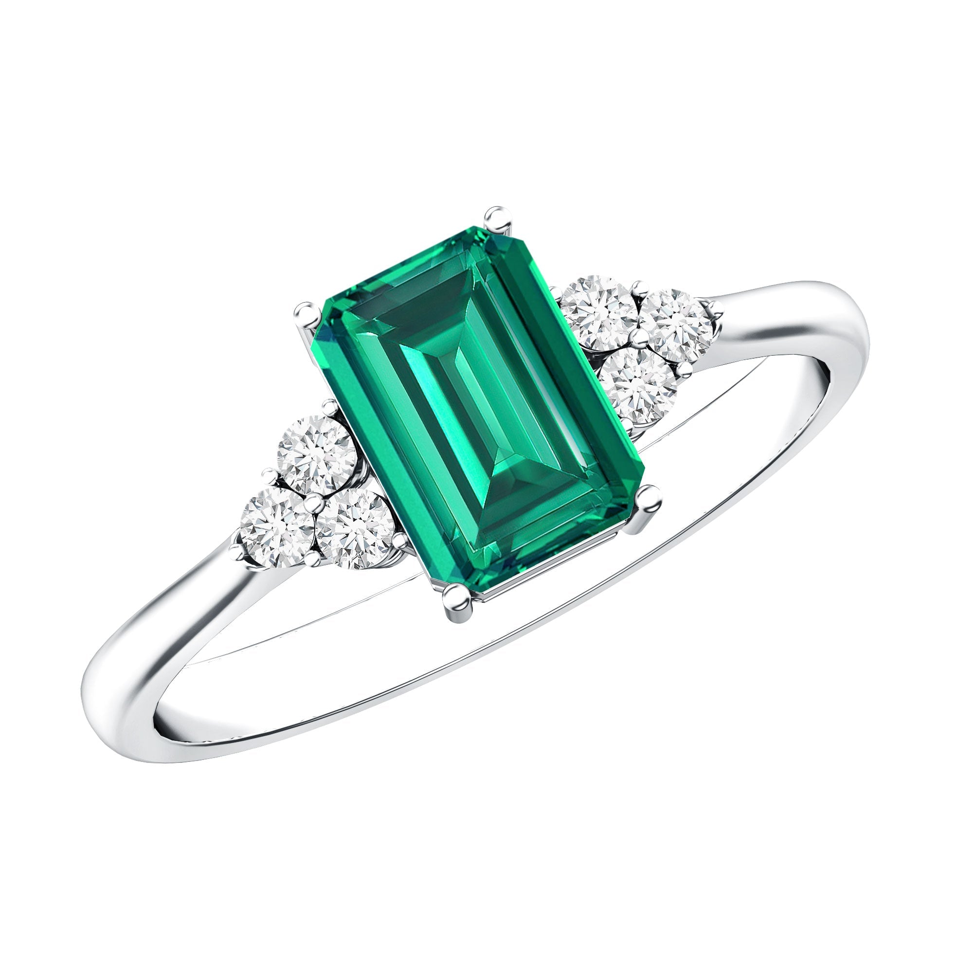 Certified 1.6 Carat Lab Grown Emerald Cut Emerald Engagement Ring with Diamond Trio