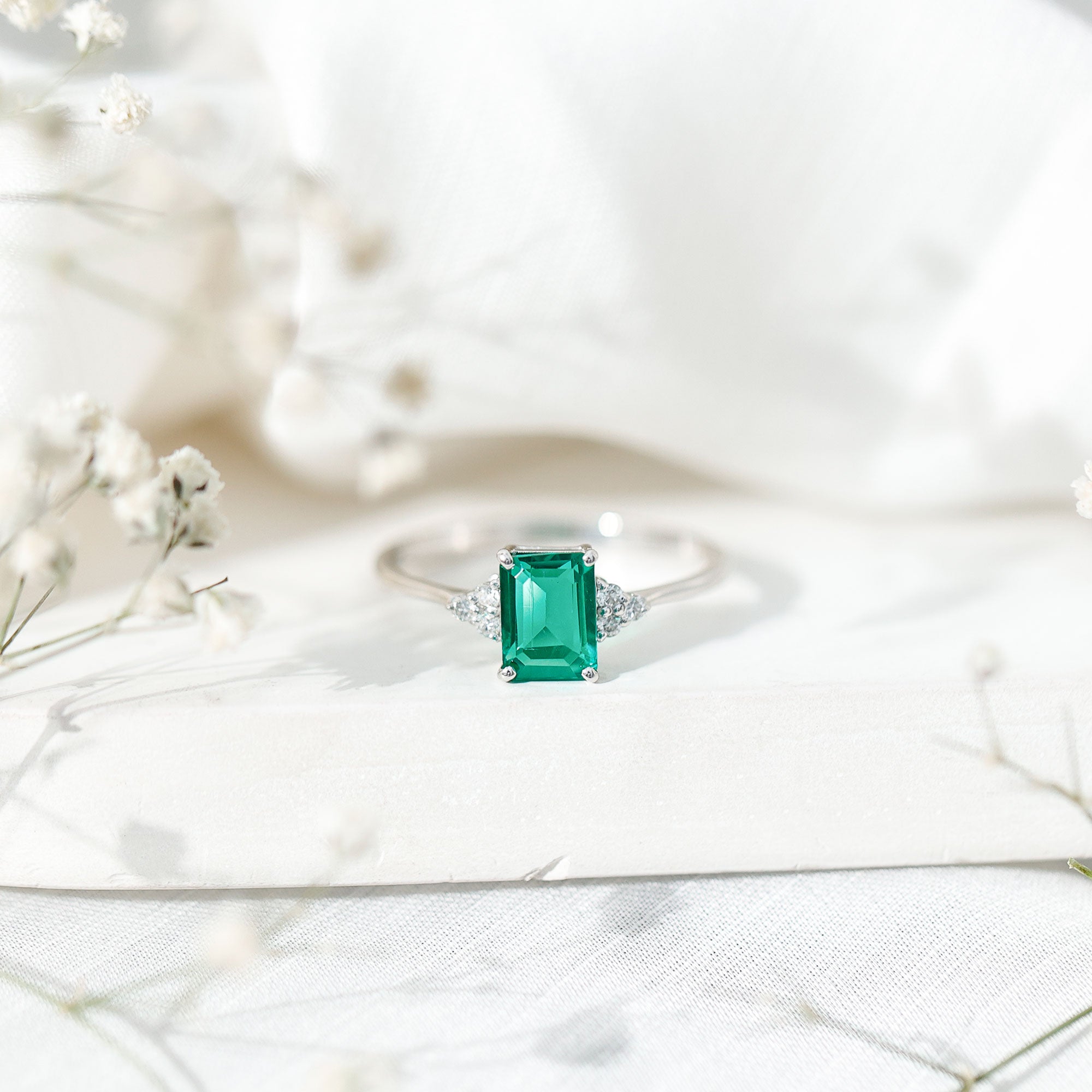 Certified 1.6 Carat Lab Grown Emerald Cut Emerald Engagement Ring with Diamond Trio