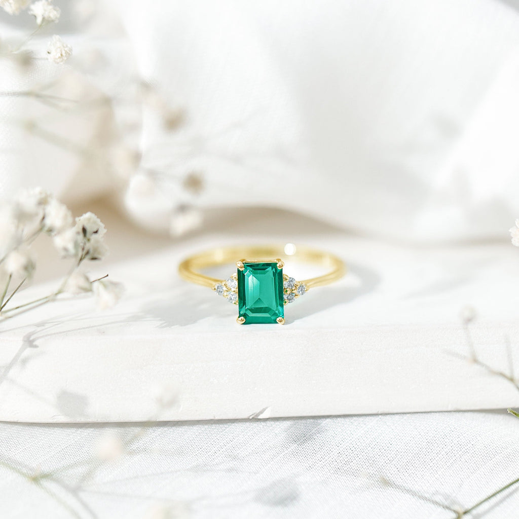 Certified 1.6 Carat Lab Grown Emerald Cut Emerald Engagement Ring with Diamond Trio