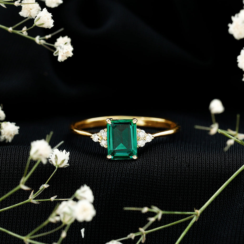 Certified 1.6 Carat Lab Grown Emerald Cut Emerald Engagement Ring with Diamond Trio
