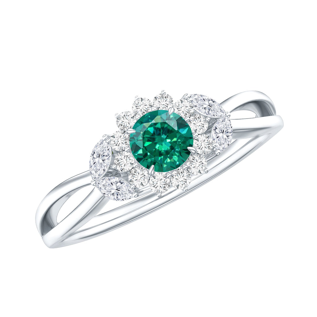 Certified Lab Grown Emerald Diamond Flower Engagement Ring with Split Shank
