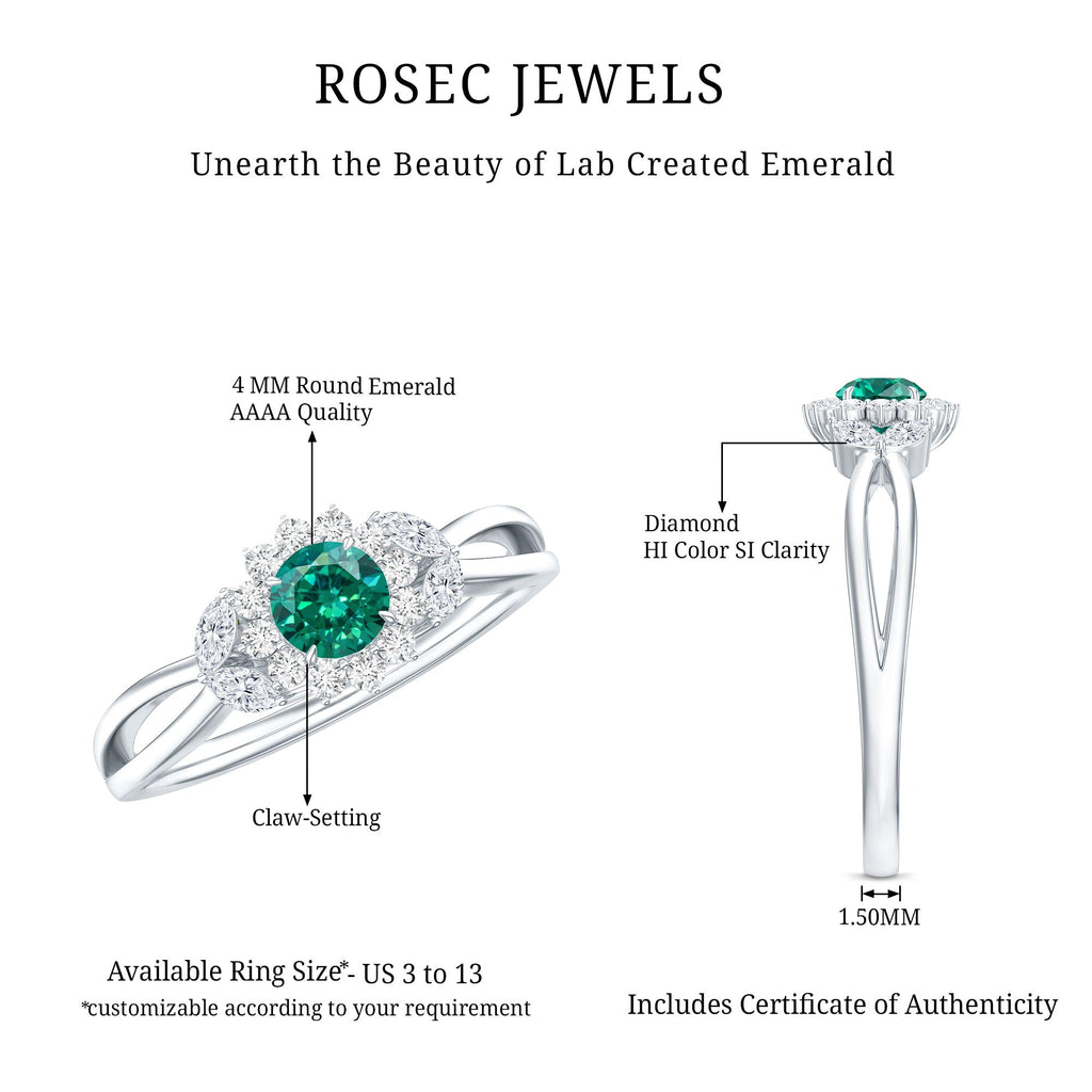 Certified Lab Grown Emerald Diamond Flower Engagement Ring with Split Shank