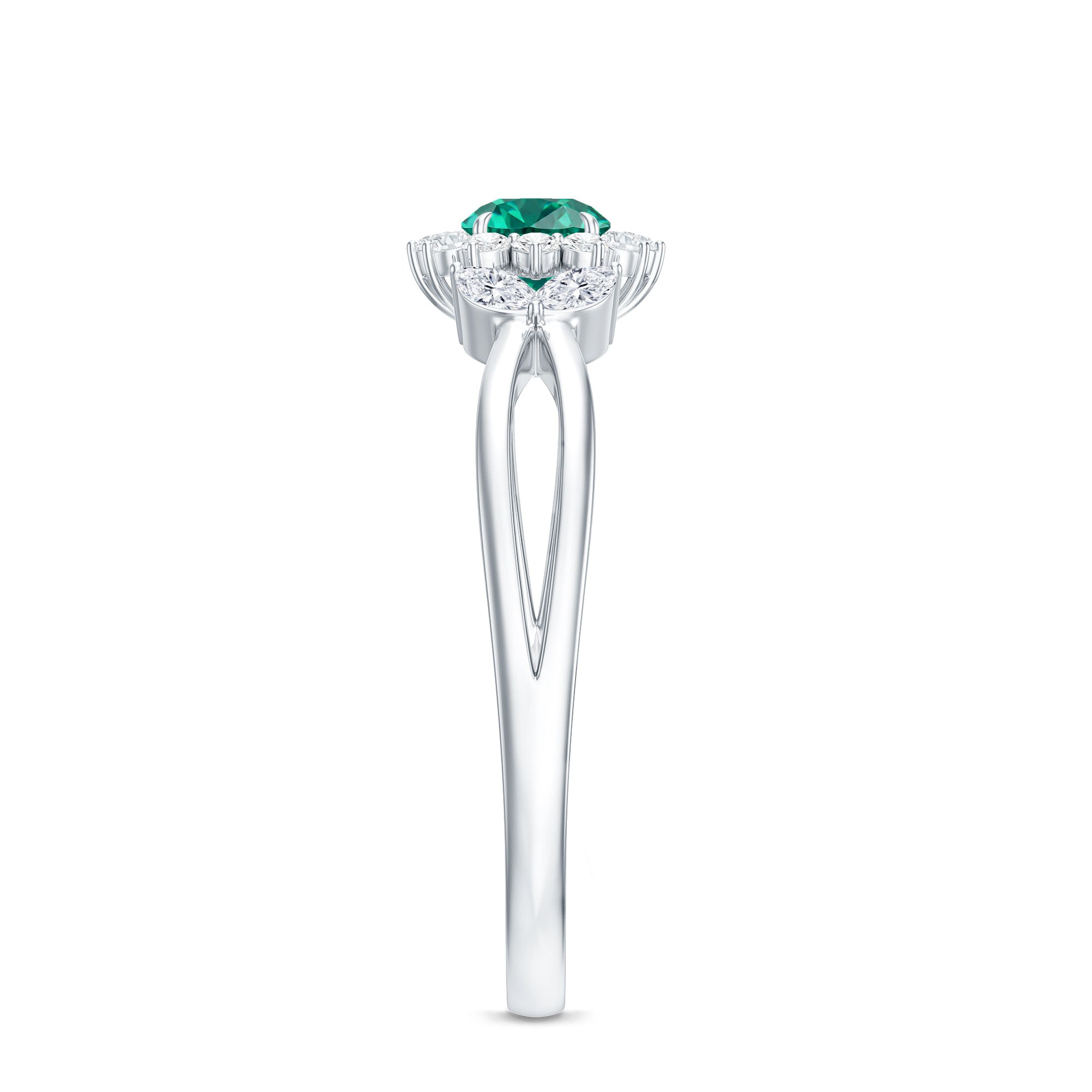 Certified Lab Grown Emerald Diamond Flower Engagement Ring with Split Shank