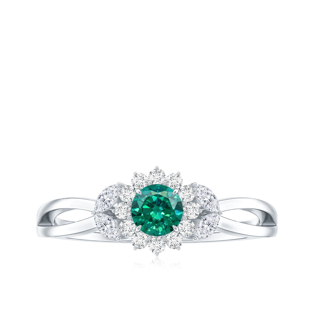 Certified Lab Grown Emerald Diamond Flower Engagement Ring with Split Shank