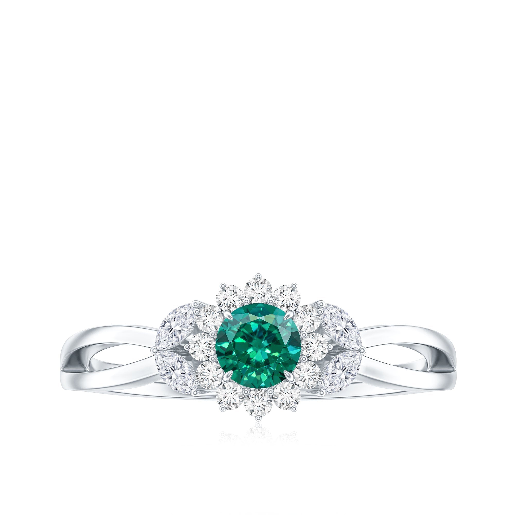 Certified Lab Grown Emerald Diamond Flower Engagement Ring with Split Shank