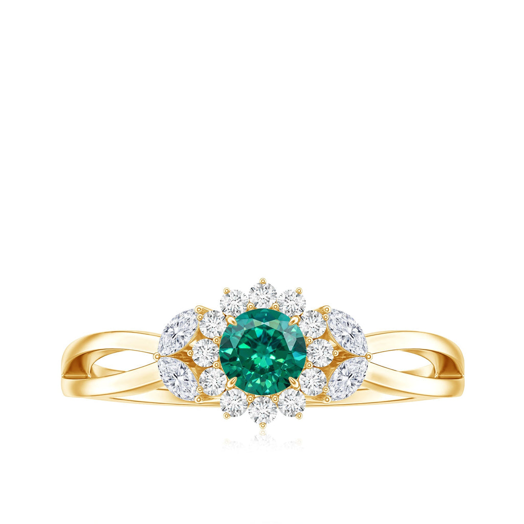 Certified Lab Grown Emerald Diamond Flower Engagement Ring with Split Shank