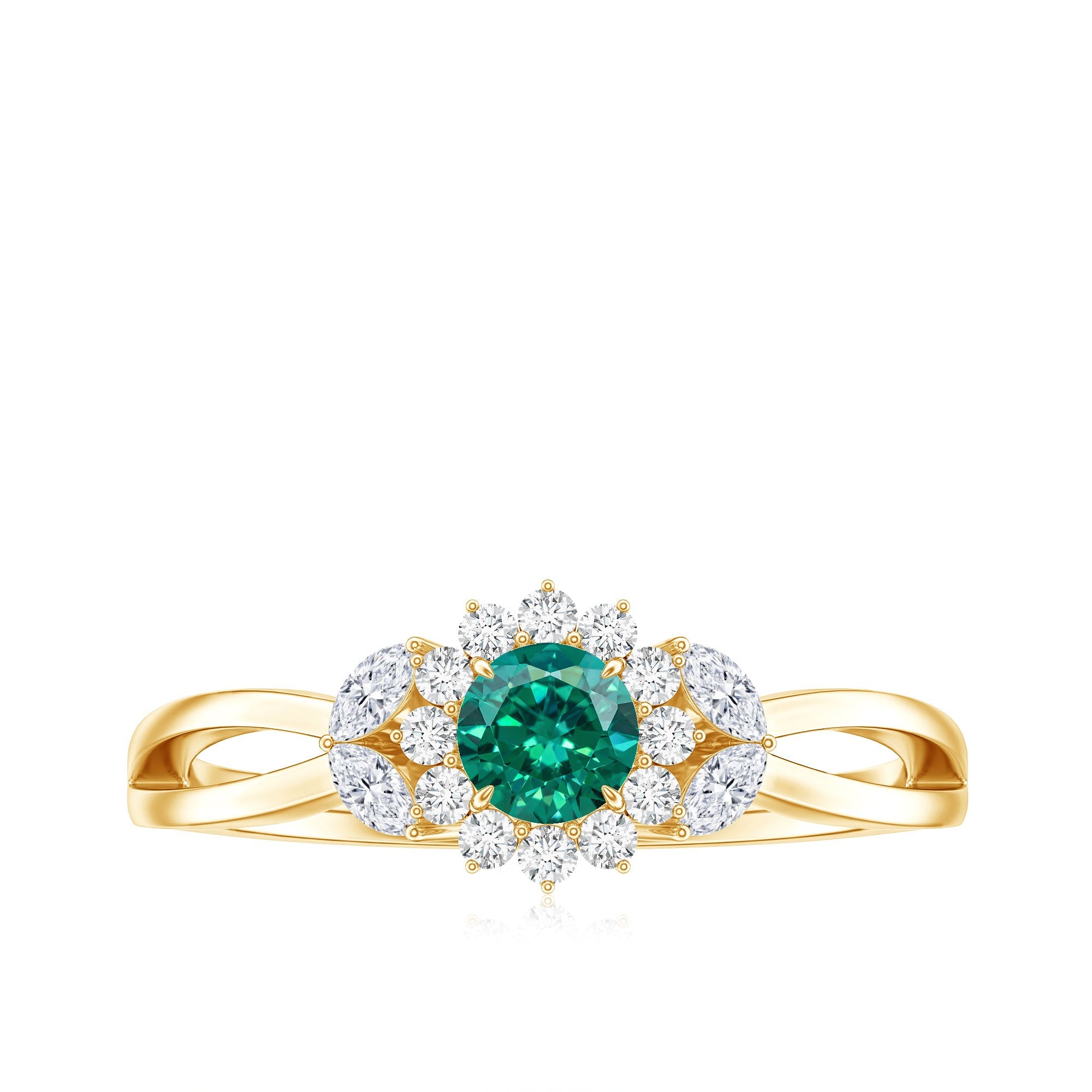 Certified Lab Grown Emerald Diamond Flower Engagement Ring with Split Shank