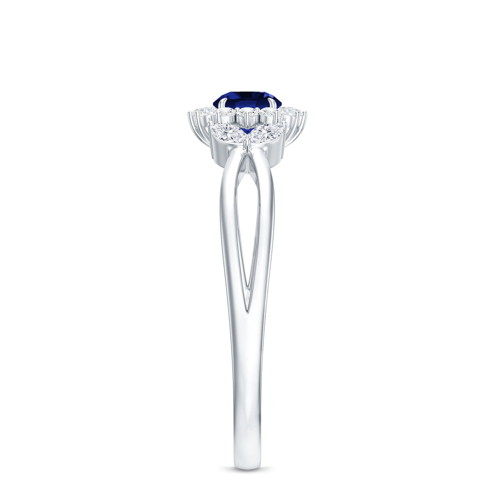Nature Inspired 0.6 Carat Lab Grown Blue Sapphire Engagement Ring with Diamond