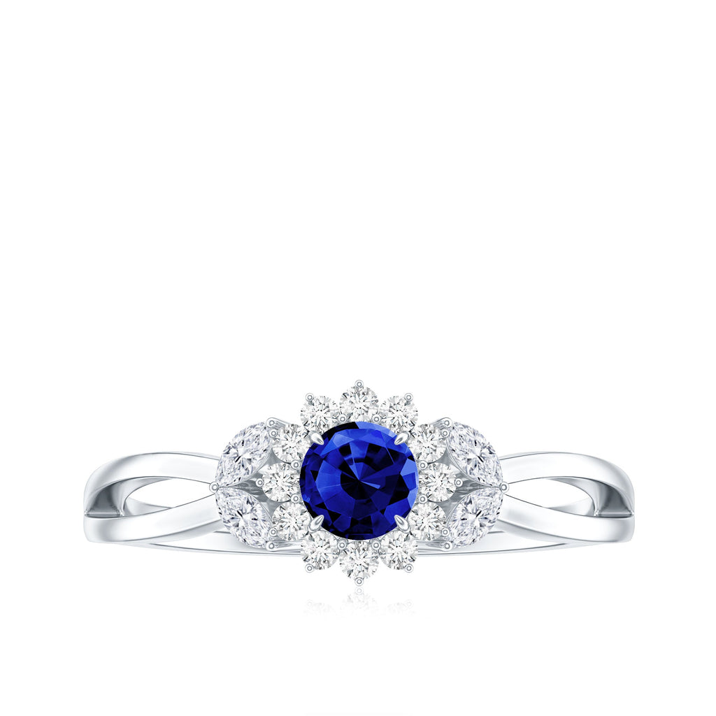 Nature Inspired 0.6 Carat Lab Grown Blue Sapphire Engagement Ring with Diamond
