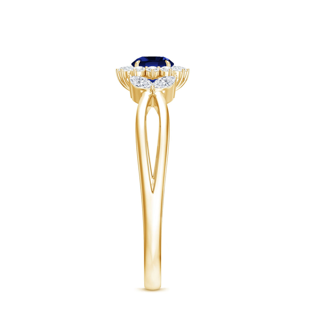 Nature Inspired 0.6 Carat Lab Grown Blue Sapphire Engagement Ring with Diamond