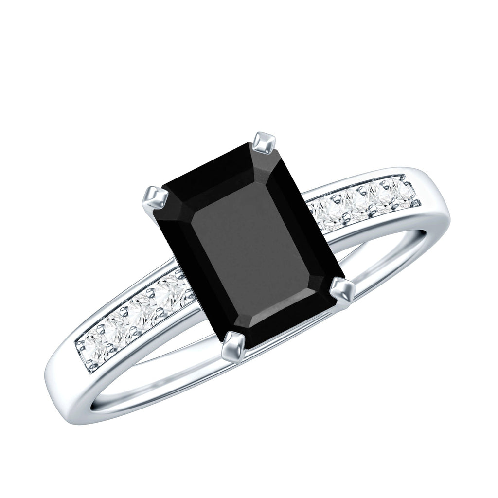 1.6 Carat Emerald Cut Lab Grown Black Diamond Solitaire Engagement Ring with White Diamond