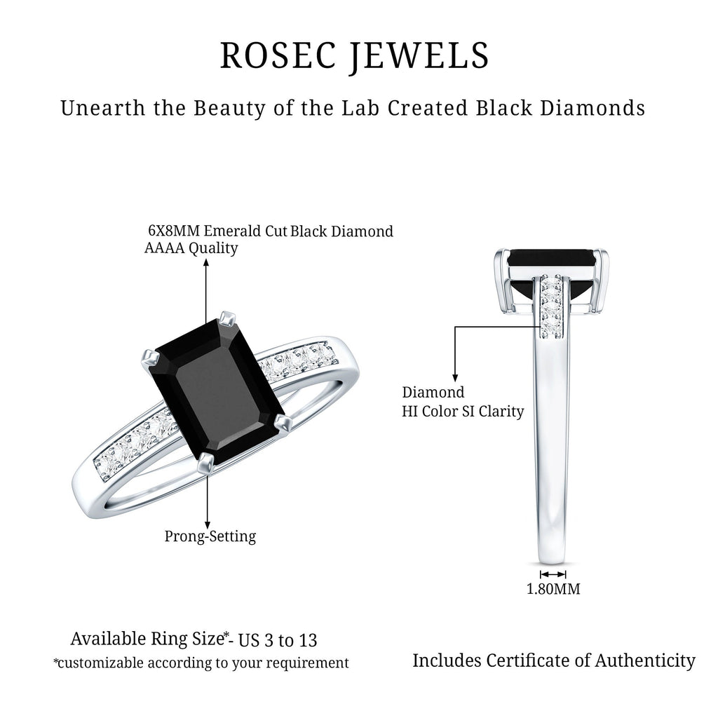 1.6 Carat Emerald Cut Lab Grown Black Diamond Solitaire Engagement Ring with White Diamond