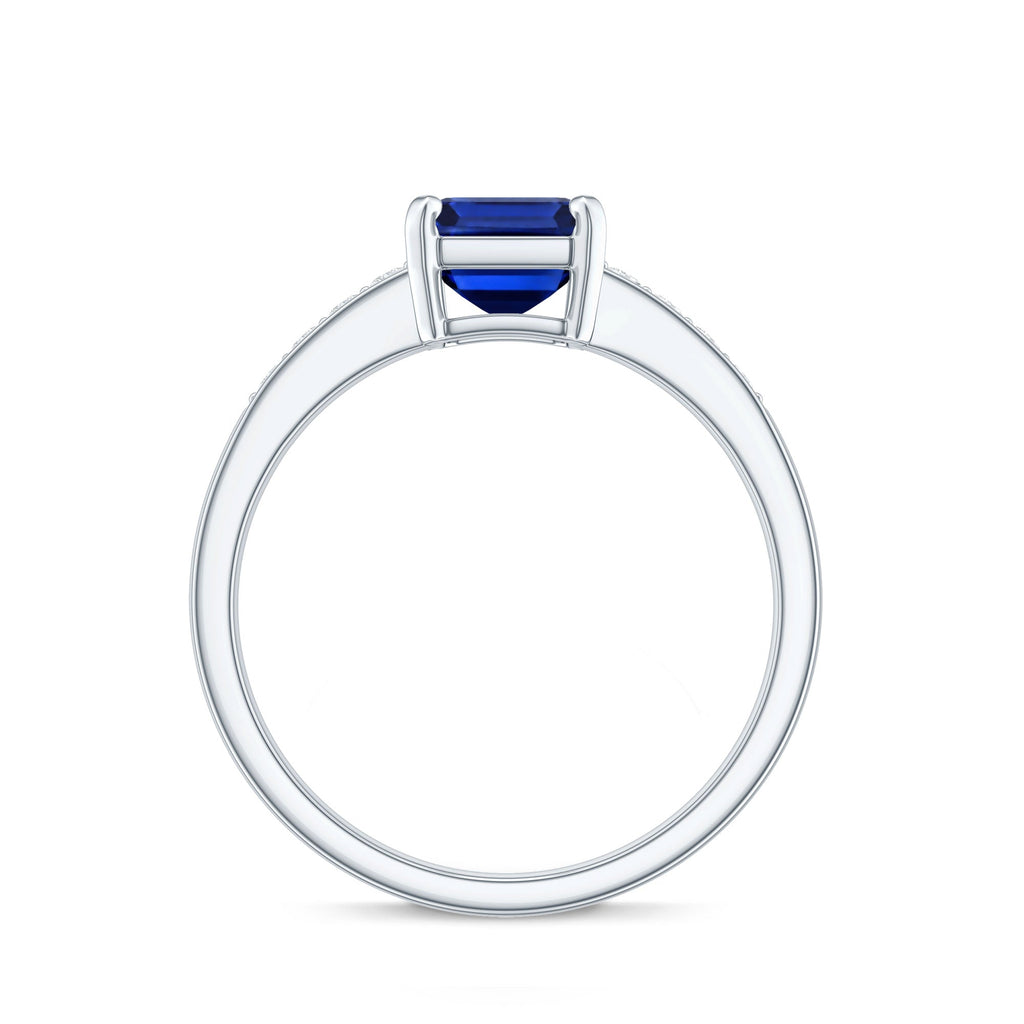 Certified 1.75 Carat Emerald Cut Lab Grown Blue Sapphire Engagement Ring with Diamond