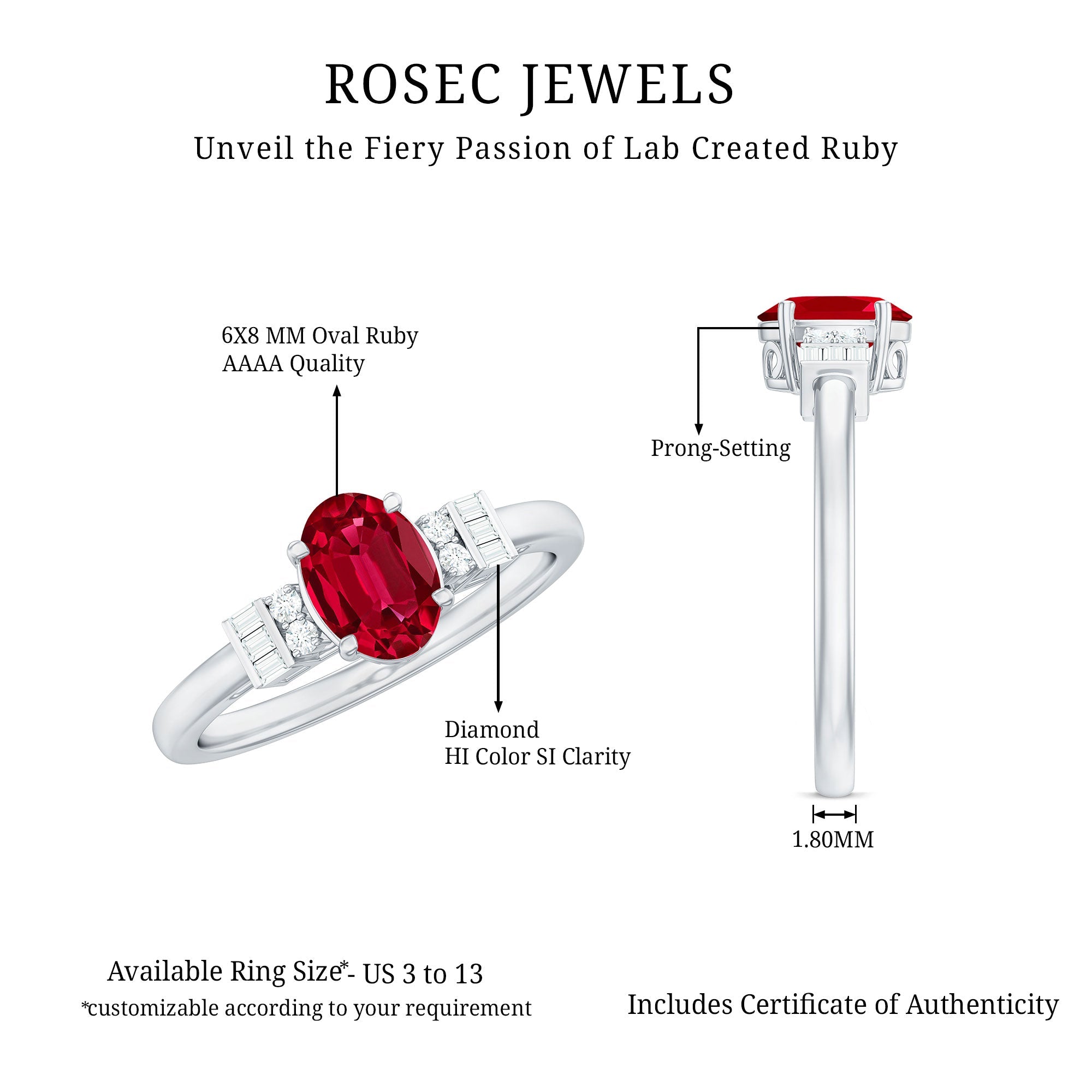 Classic Lab Grown Ruby Engagement Ring with Diamond Stones