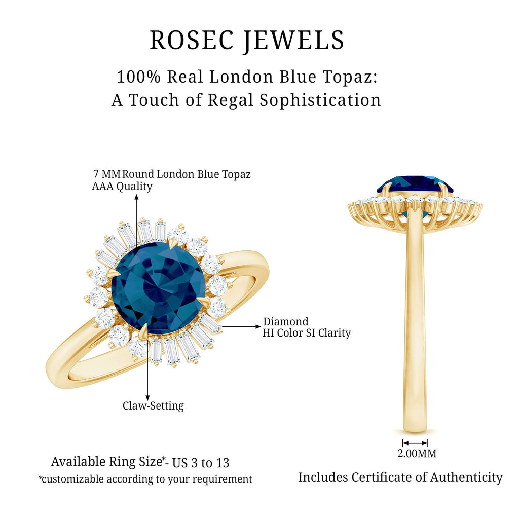 Round London Blue Topaz and Diamond Halo Engagement Ring