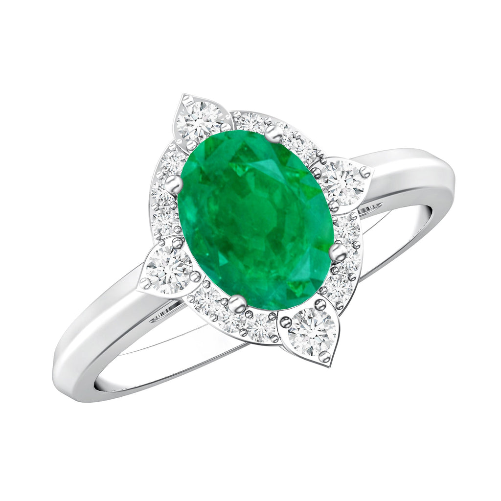 Vintage Looking Emerald Oval Engagement Ring with Diamond Halo