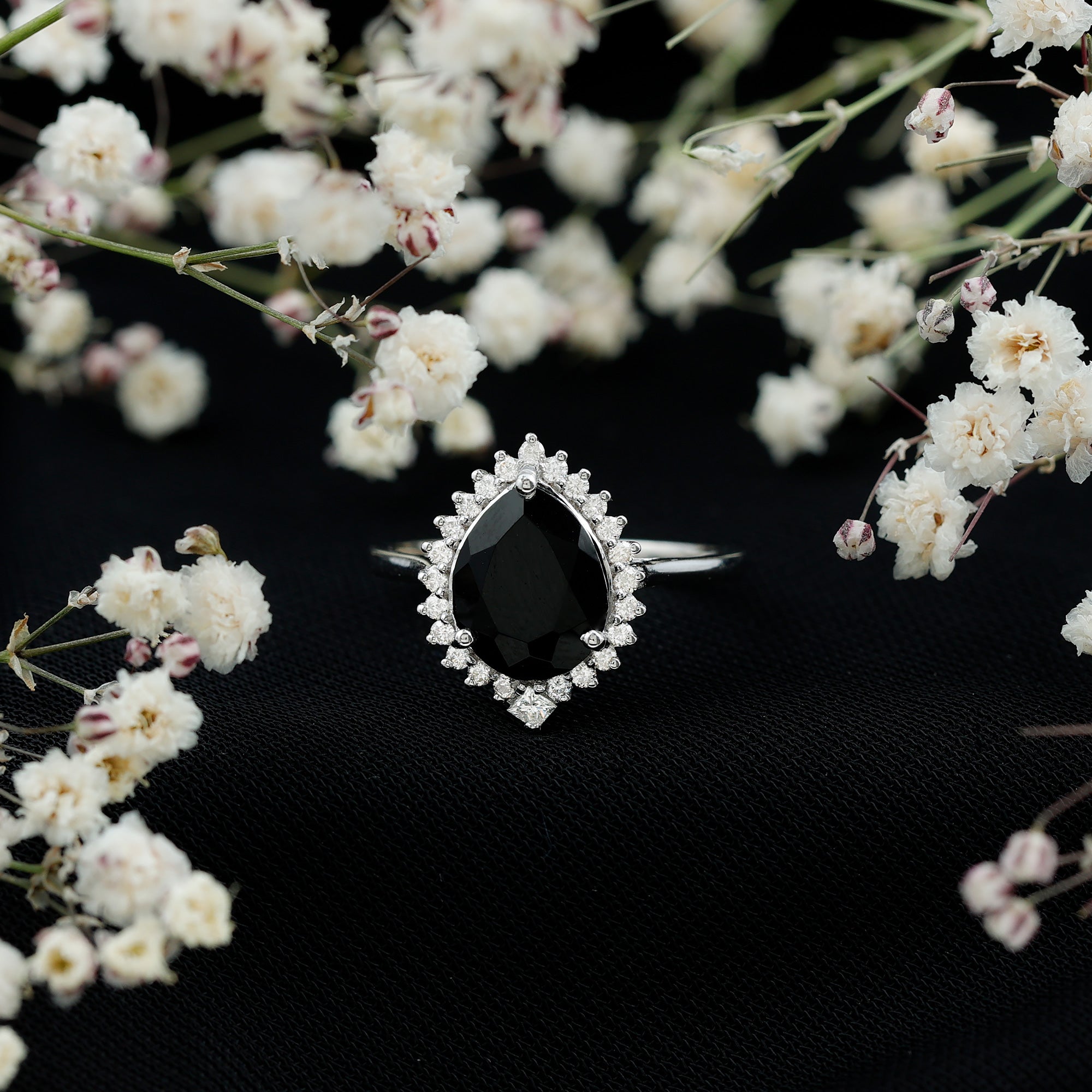 Certified 4.8 Carat Lab Grown Black Diamond Pear Shaped Engagement Ring with White Diamond Halo