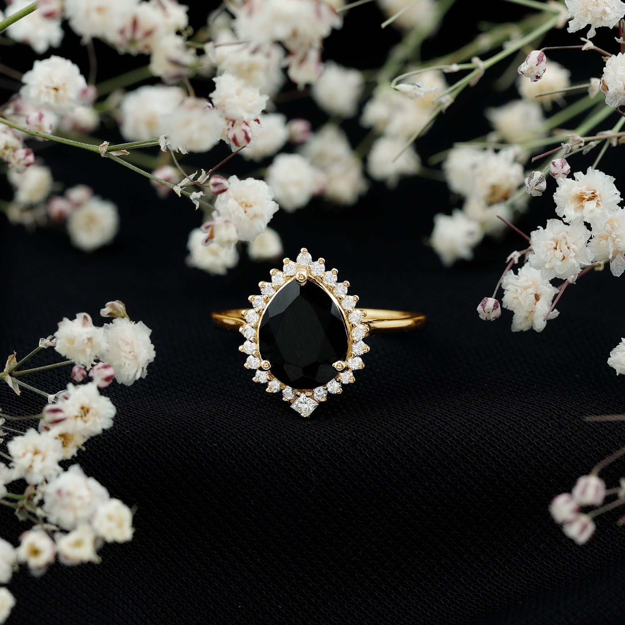 Certified 4.8 Carat Lab Grown Black Diamond Pear Shaped Engagement Ring with White Diamond Halo