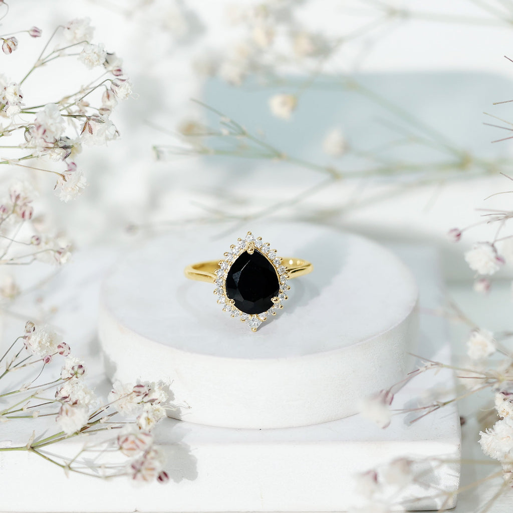 Certified 4.8 Carat Lab Grown Black Diamond Pear Shaped Engagement Ring with White Diamond Halo