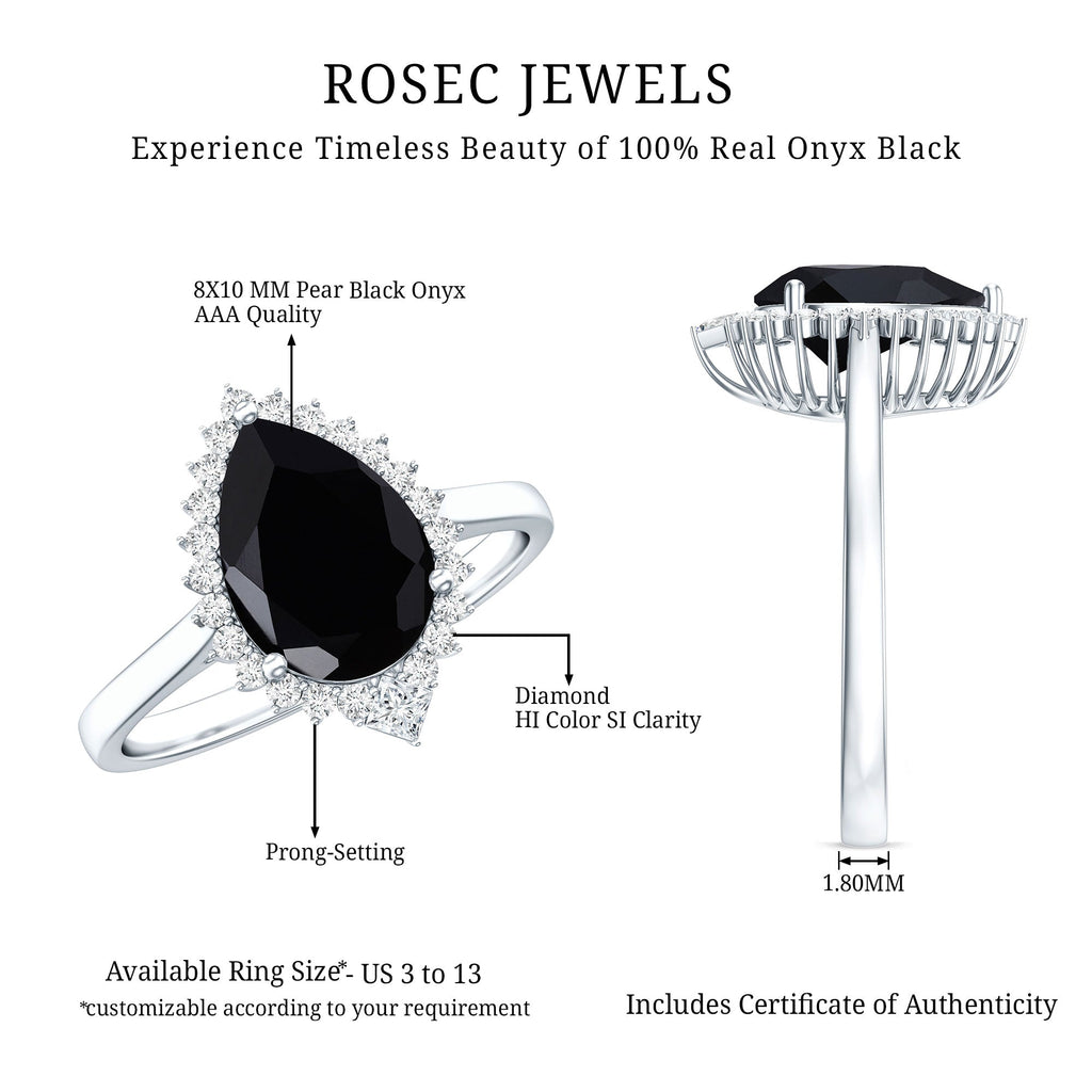 Pear Shaped Black Onyx Big Engagement Ring with Diamond Halo