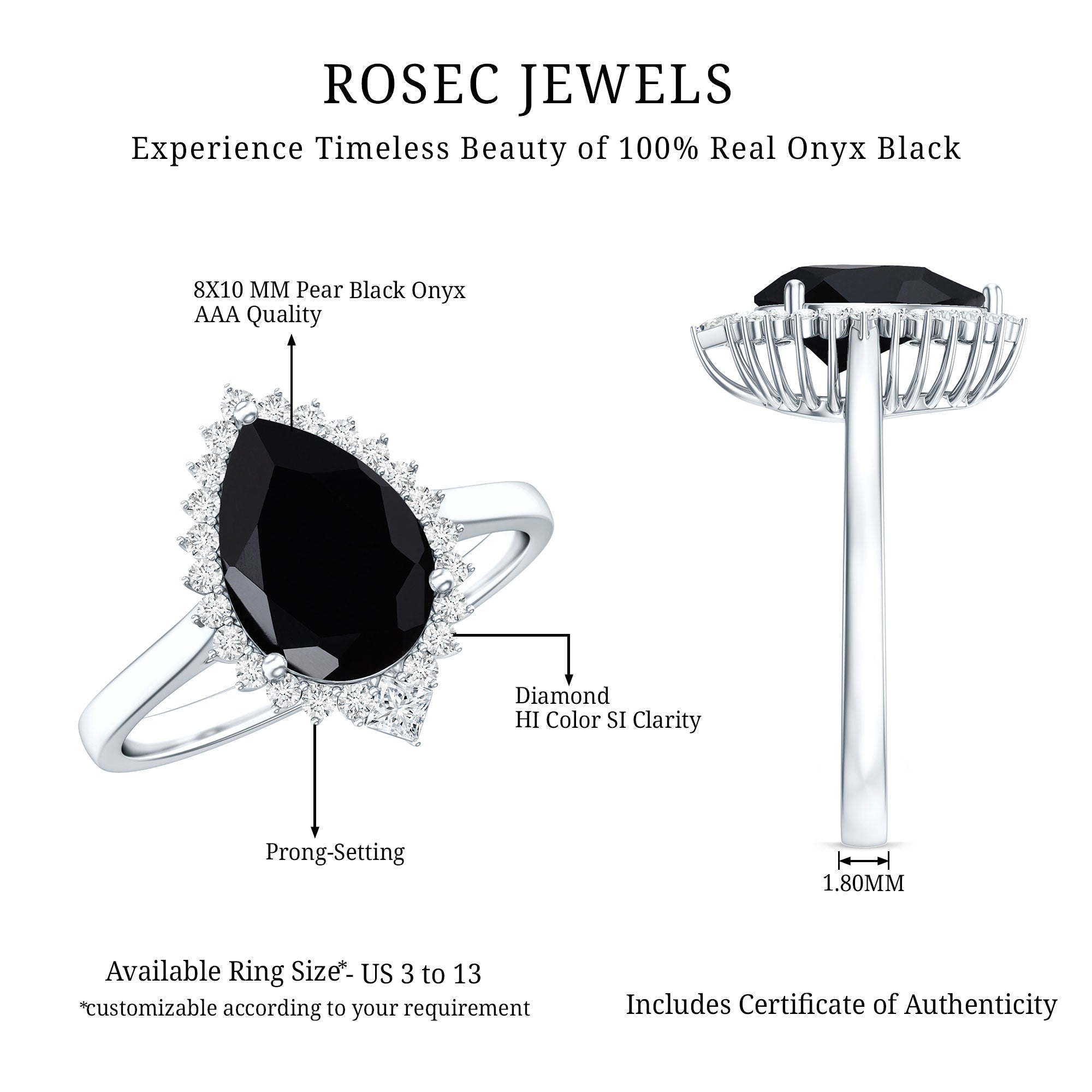 Pear Shaped Black Onyx Big Engagement Ring with Diamond Halo