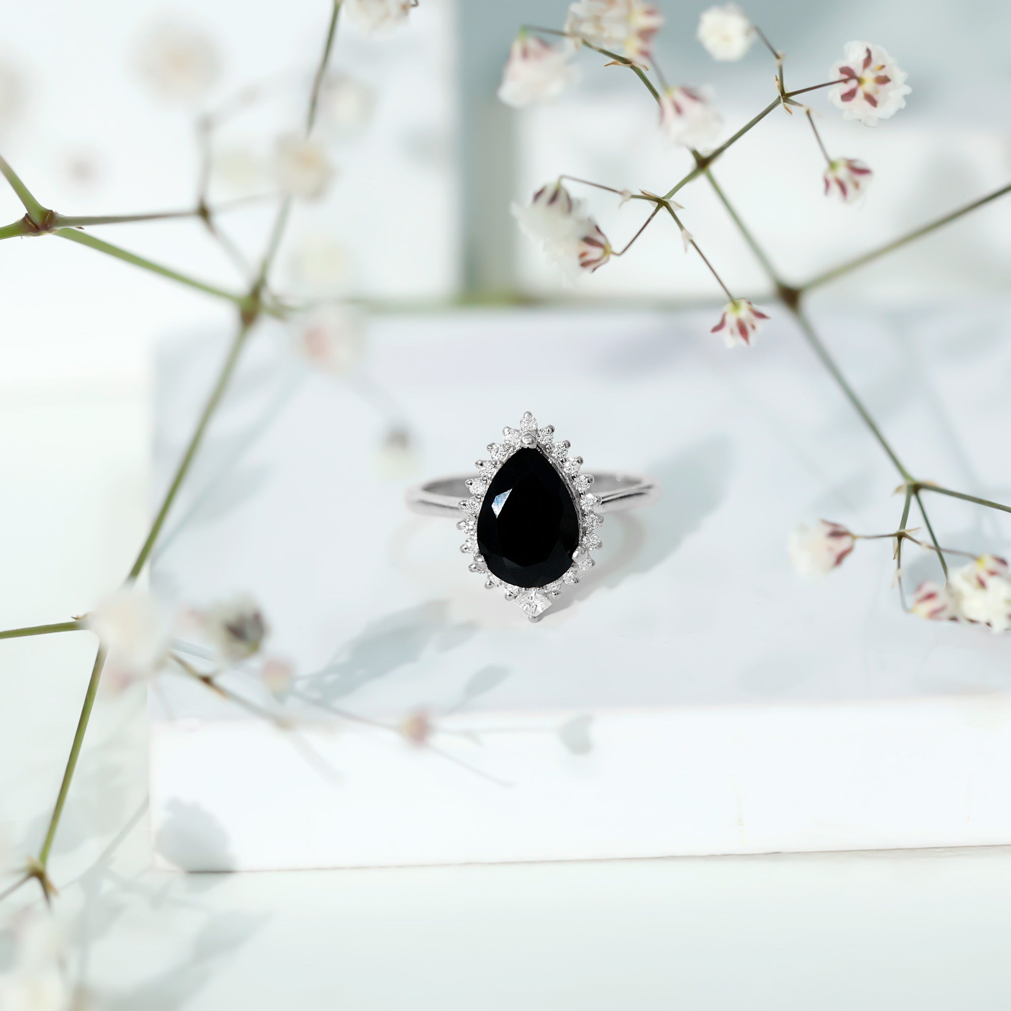 Pear Shaped Black Onyx Big Engagement Ring with Diamond Halo