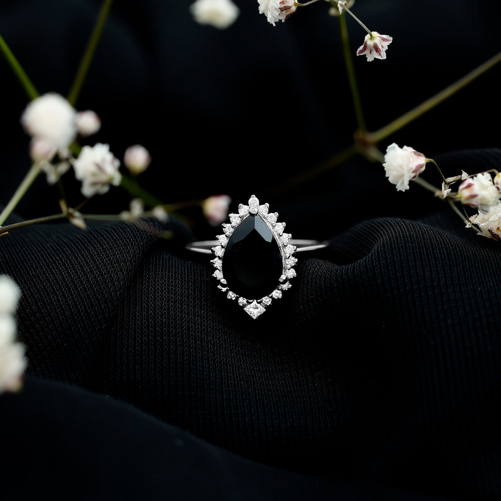 Pear Shaped Black Onyx Big Engagement Ring with Diamond Halo