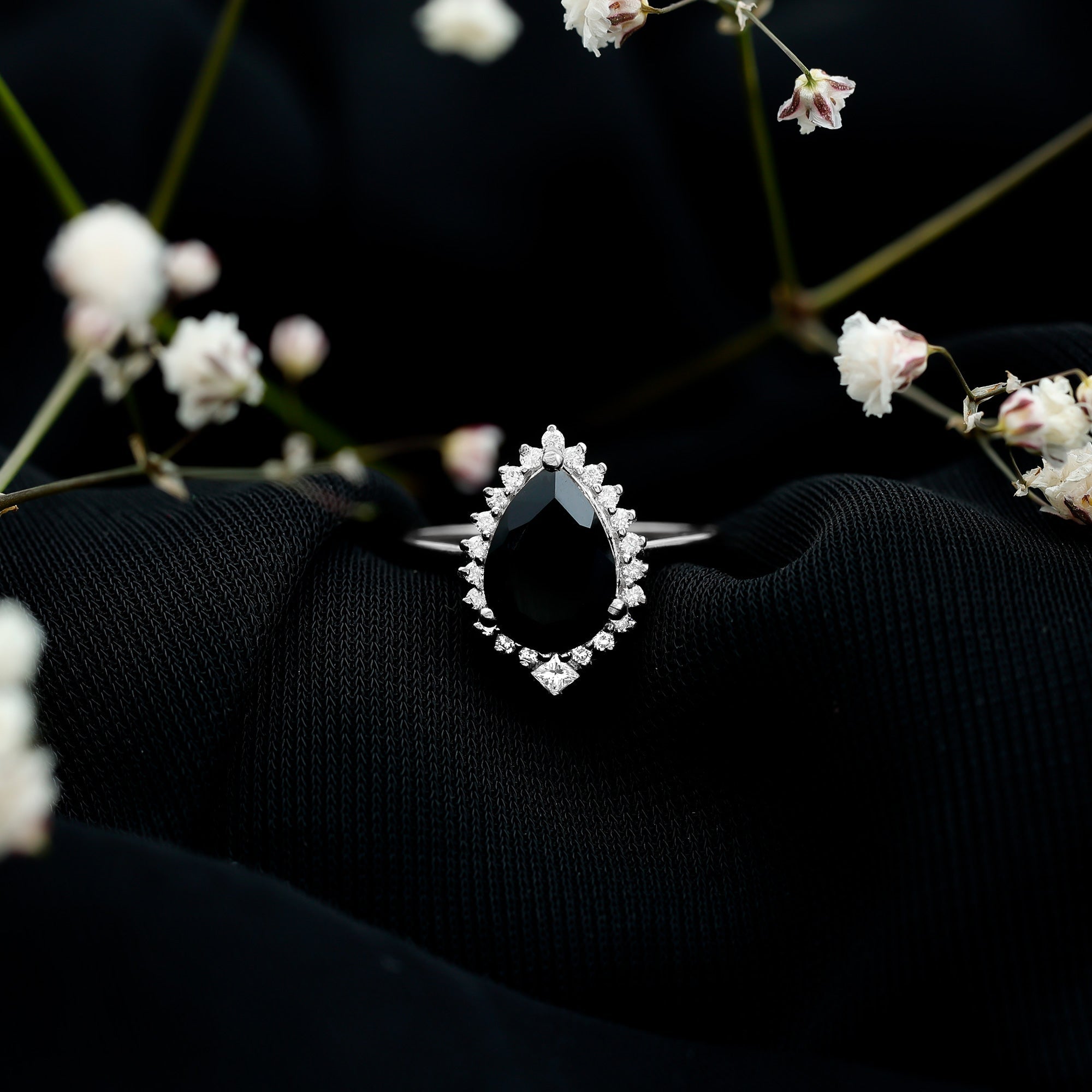 Pear Shaped Black Onyx Big Engagement Ring with Diamond Halo