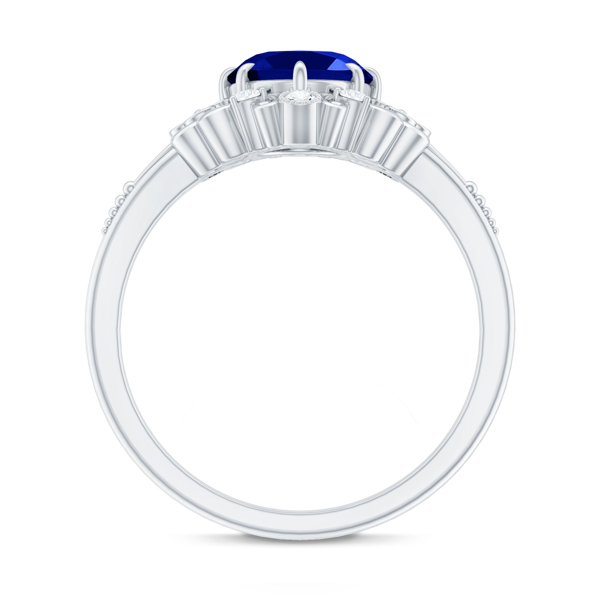 Vintage Style 4 Carat Oval Lab Grown Blue Sapphire Engagement Ring with Diamond