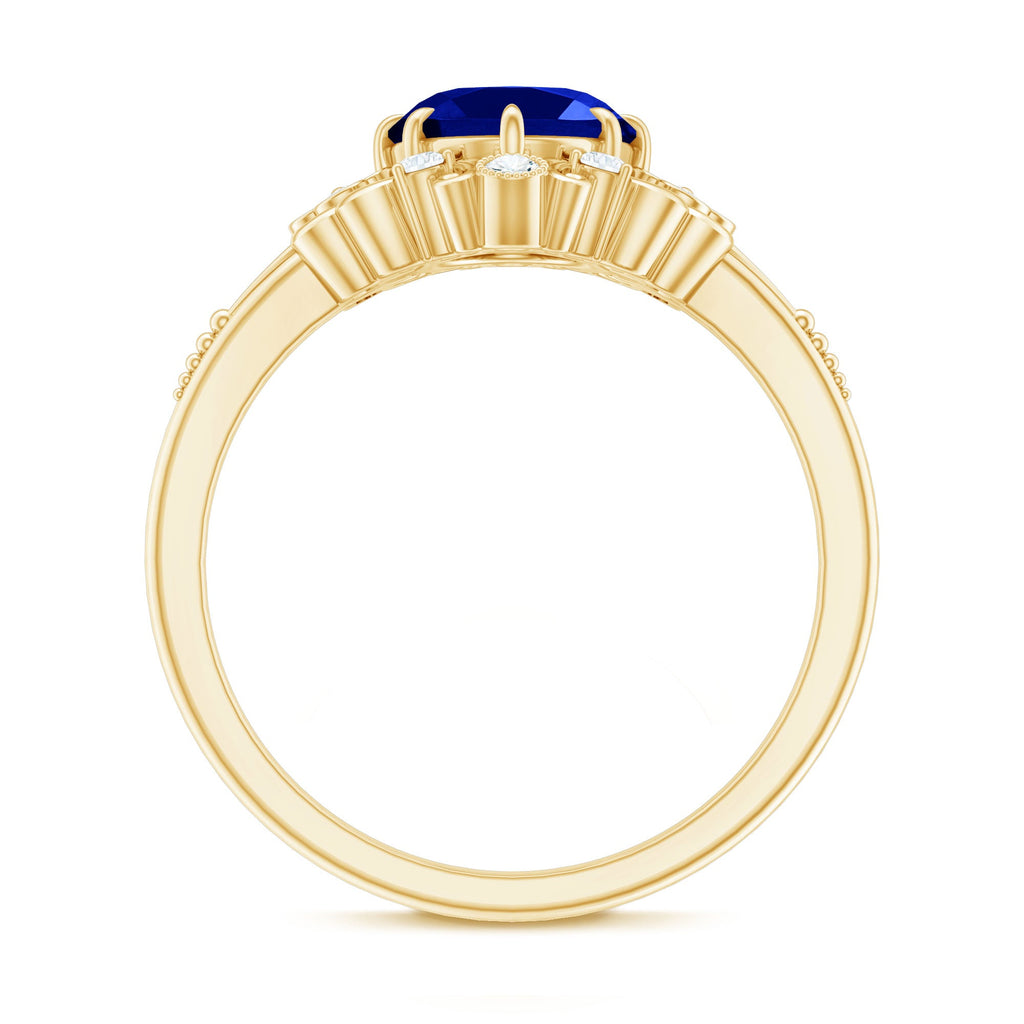 Vintage Style 4 Carat Oval Lab Grown Blue Sapphire Engagement Ring with Diamond