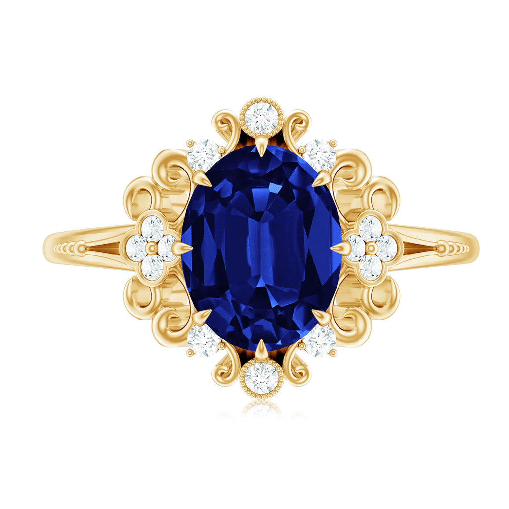 Vintage Style 4 Carat Oval Lab Grown Blue Sapphire Engagement Ring with Diamond