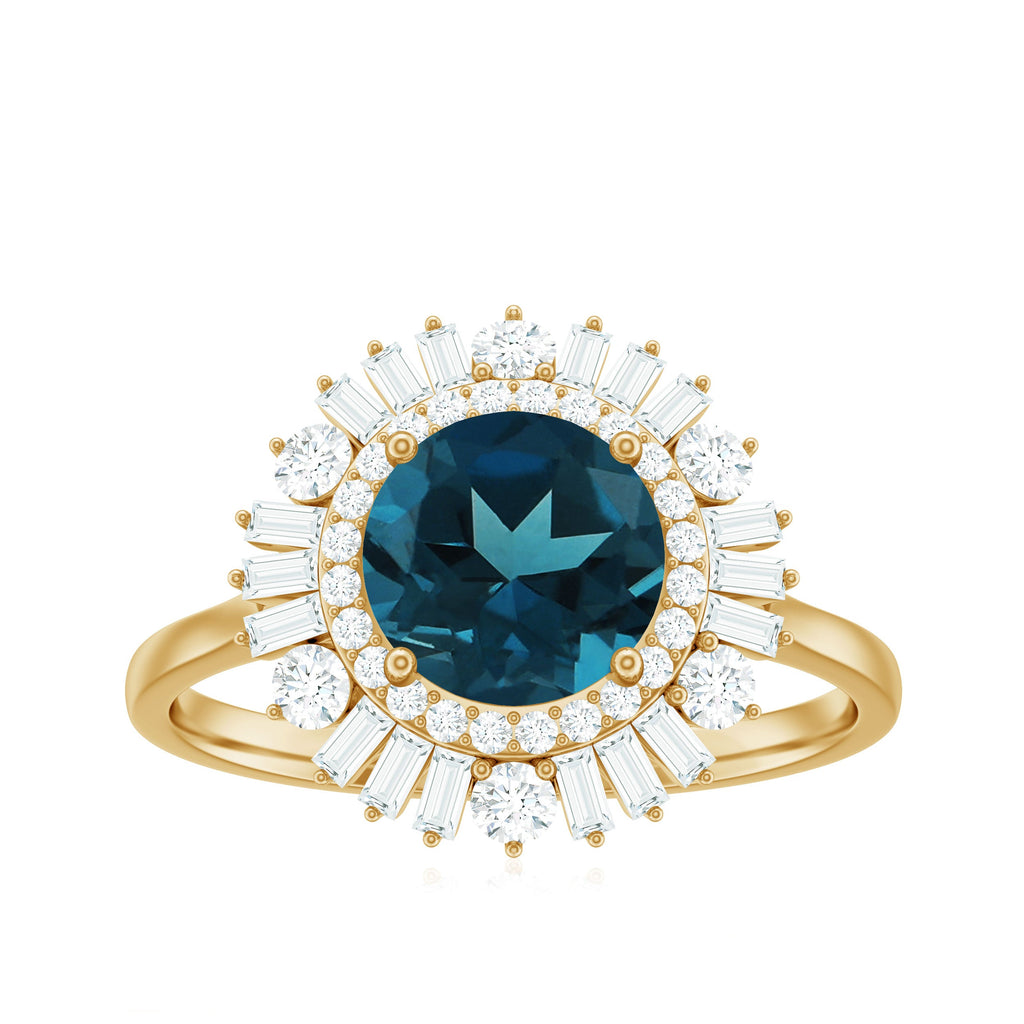 Round London Blue Topaz and Diamond Double Halo Cocktail Ring