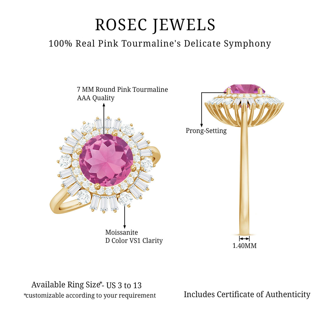 1.2 Carat Round Pink Tourmaline Cocktail Ring with Moissanite Double Halo