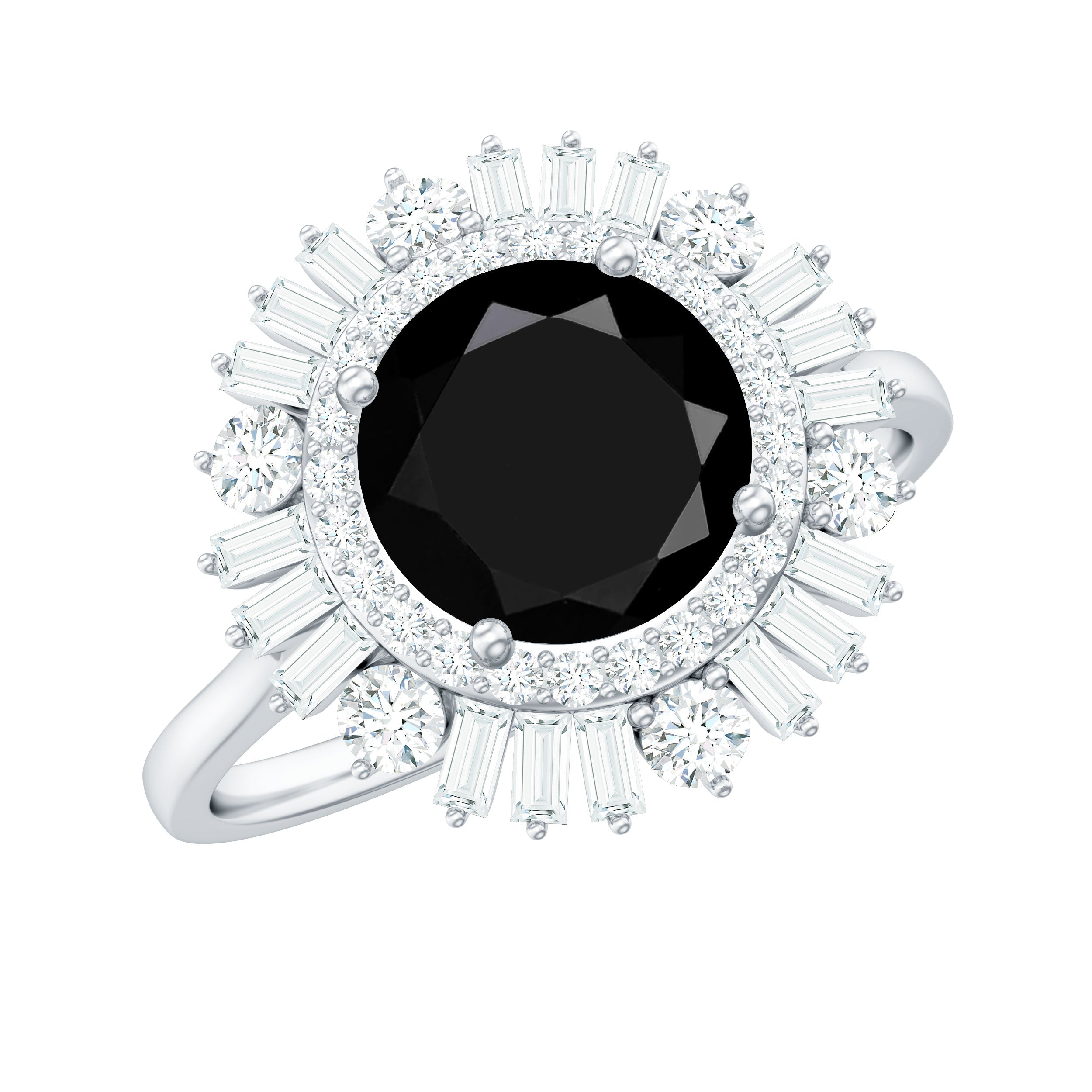 1.2 Carat Round Black Onyx Double Halo Cocktail Ring with Moissanite