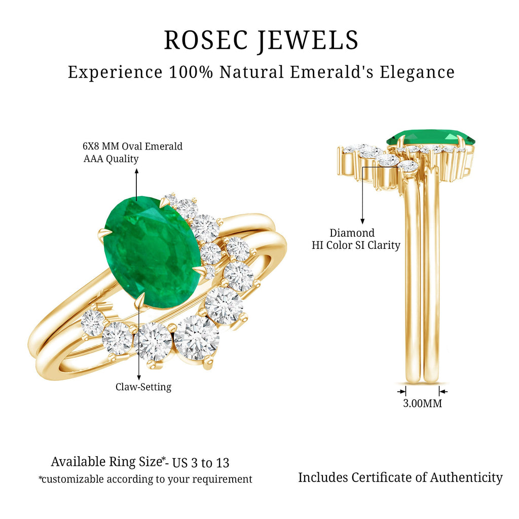 Natural Emerald Wedding Engagement Ring Set with Diamond