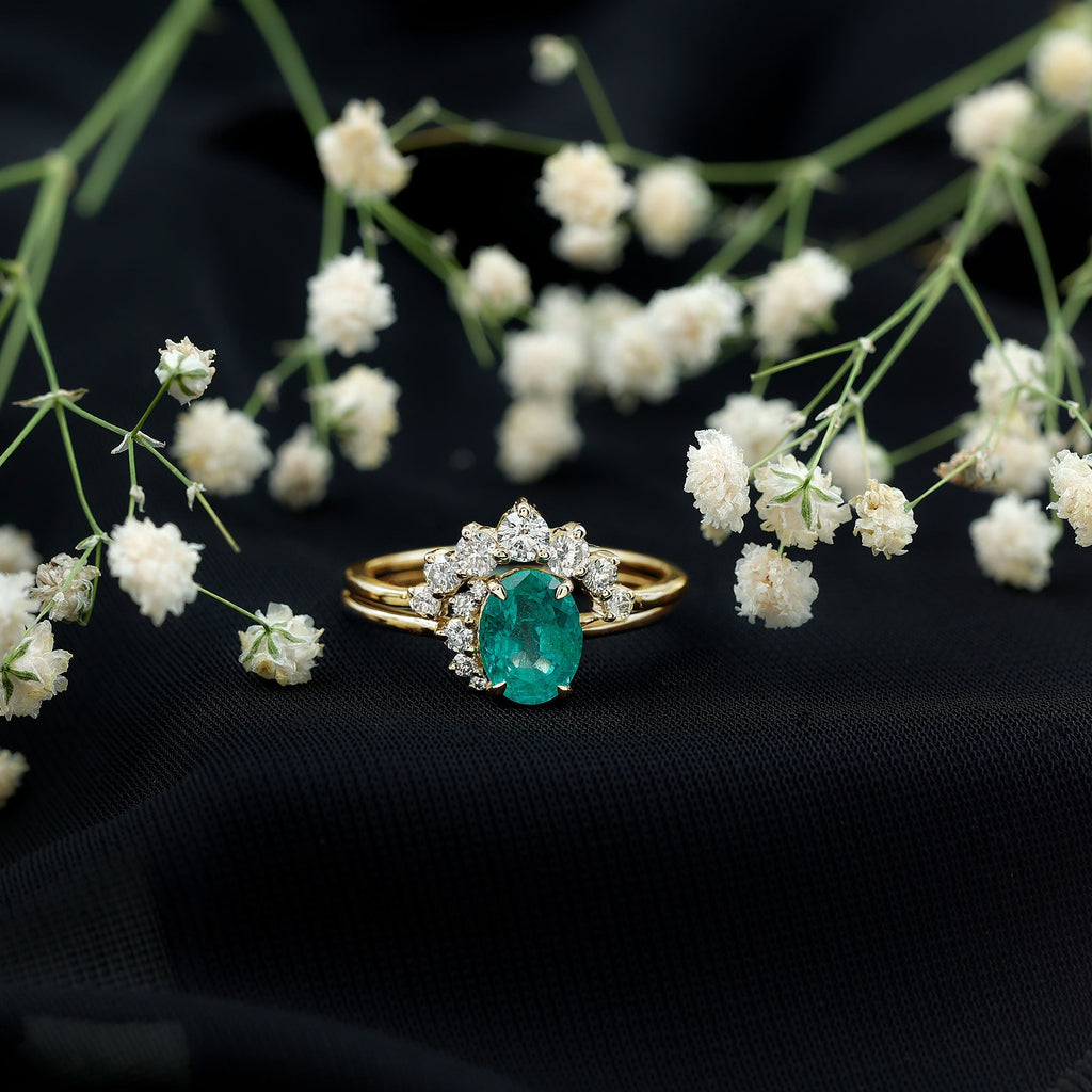 Natural Emerald Wedding Engagement Ring Set with Diamond
