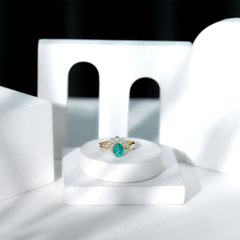 Natural Emerald Wedding Engagement Ring Set with Diamond