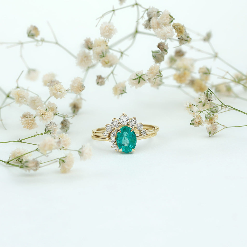 Natural Emerald Wedding Engagement Ring Set with Diamond