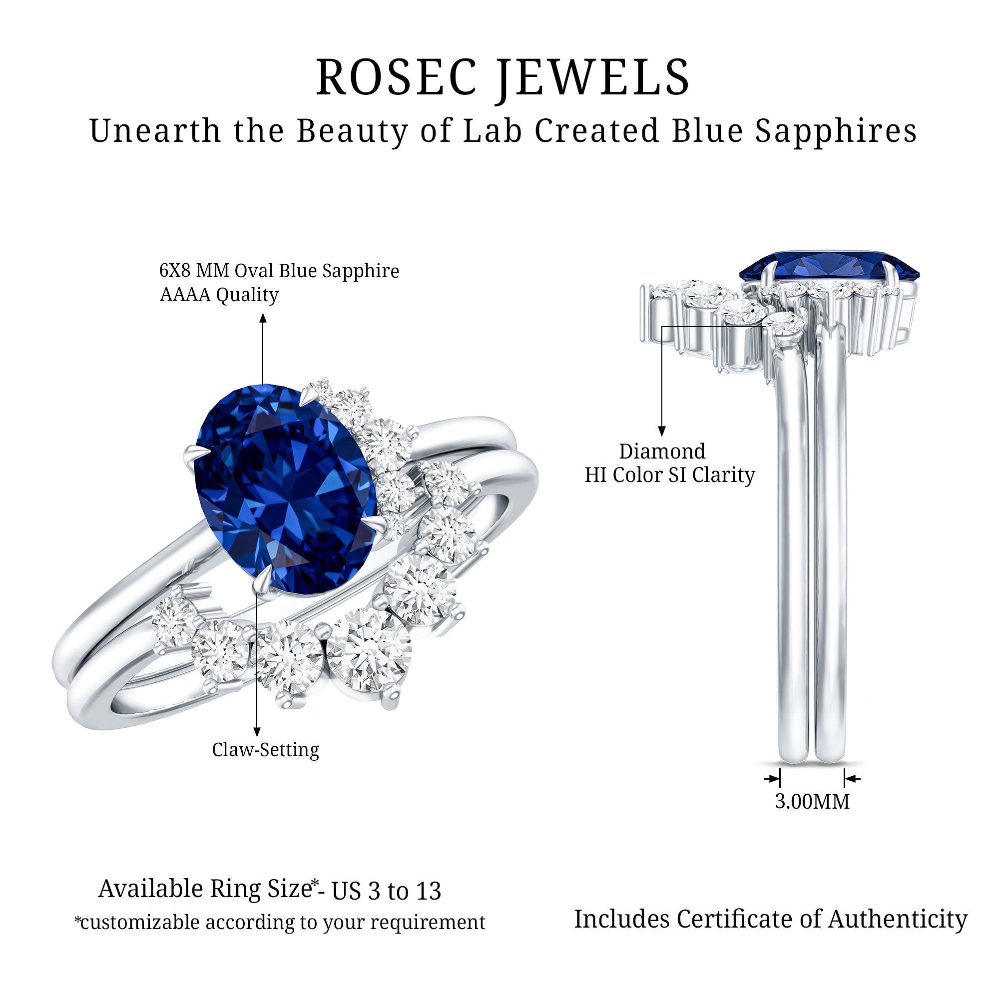 Certified 1.5 Carat Lab Grown Blue Sapphire Diamond Oval Engagement Ring with Enhancer