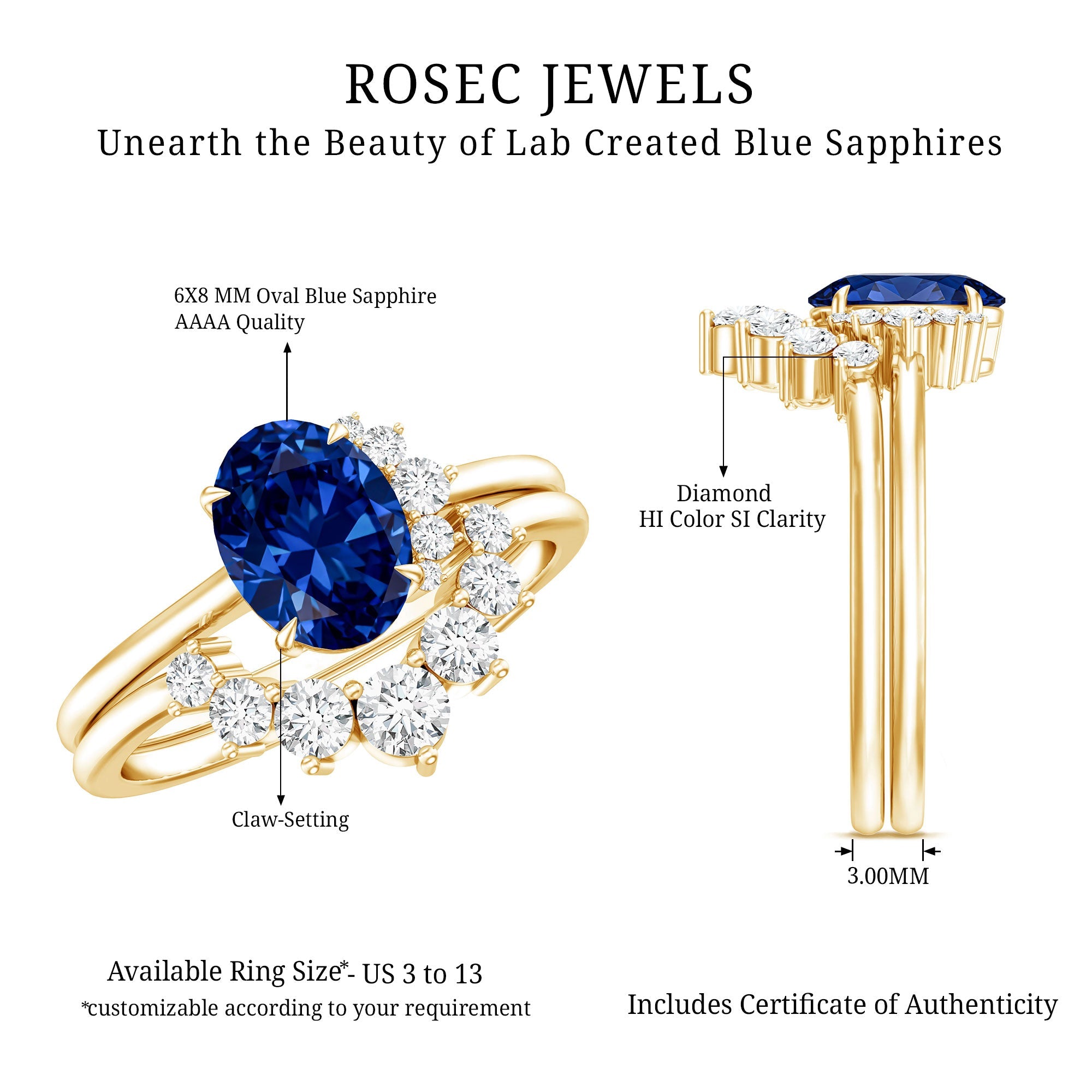 Certified 1.5 Carat Lab Grown Blue Sapphire Diamond Oval Engagement Ring with Enhancer