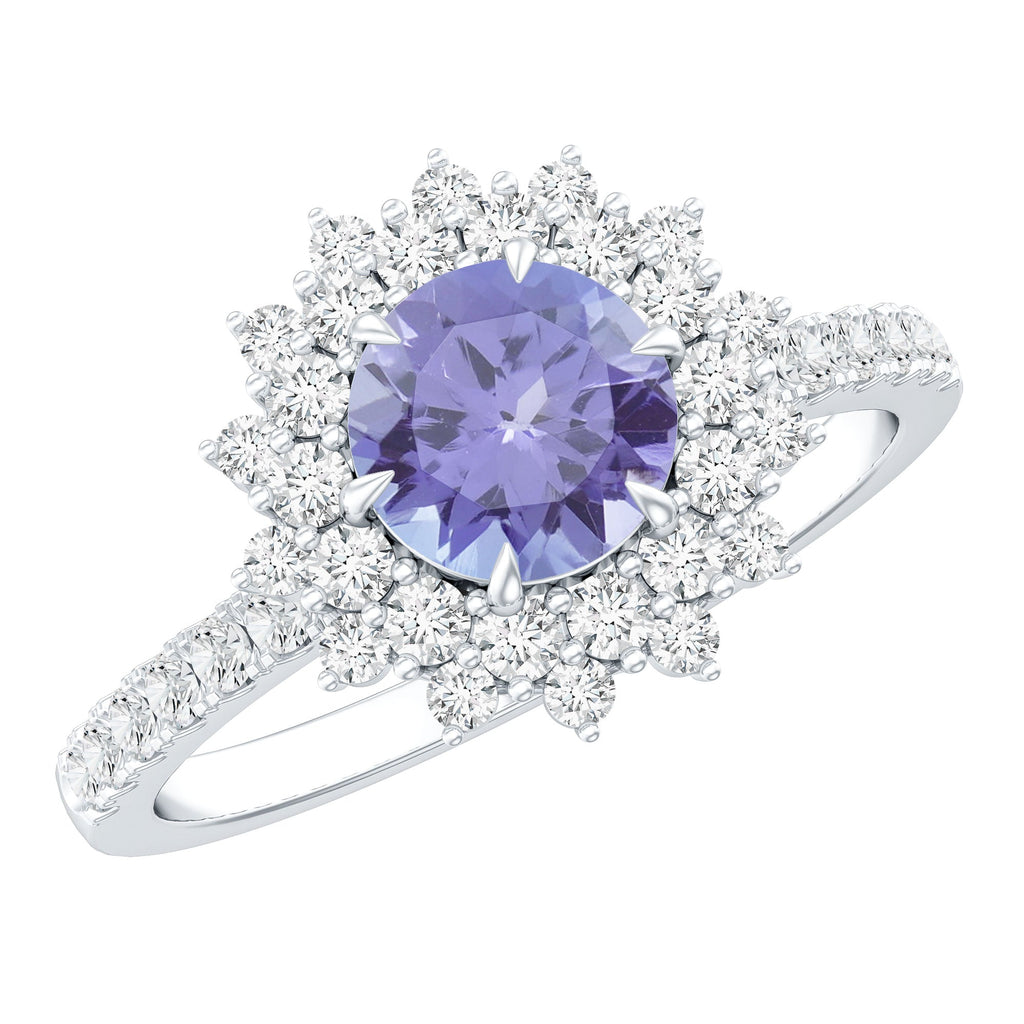 Natural Tanzanite Diamond Engagement Ring with Double Halo