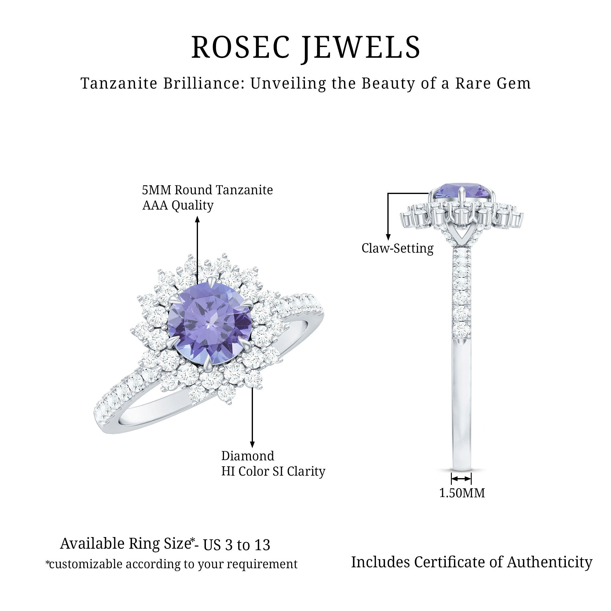 Natural Tanzanite Diamond Engagement Ring with Double Halo