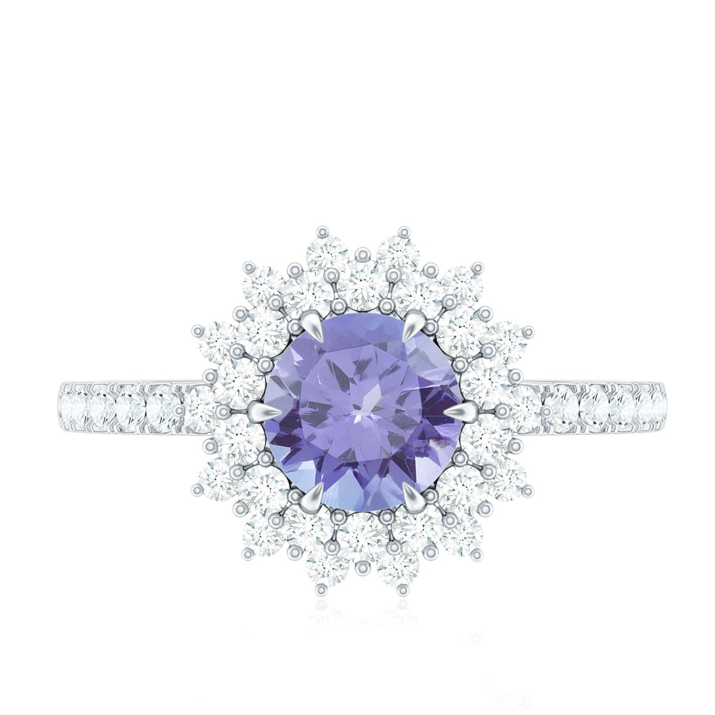 Natural Tanzanite Diamond Engagement Ring with Double Halo