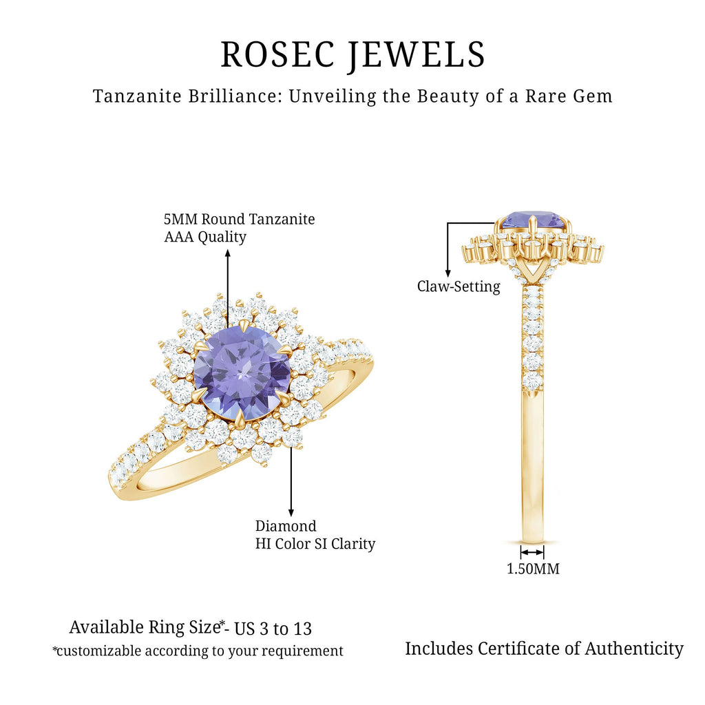 Natural Tanzanite Diamond Engagement Ring with Double Halo