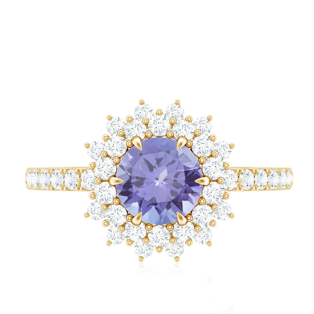 Natural Tanzanite Diamond Engagement Ring with Double Halo