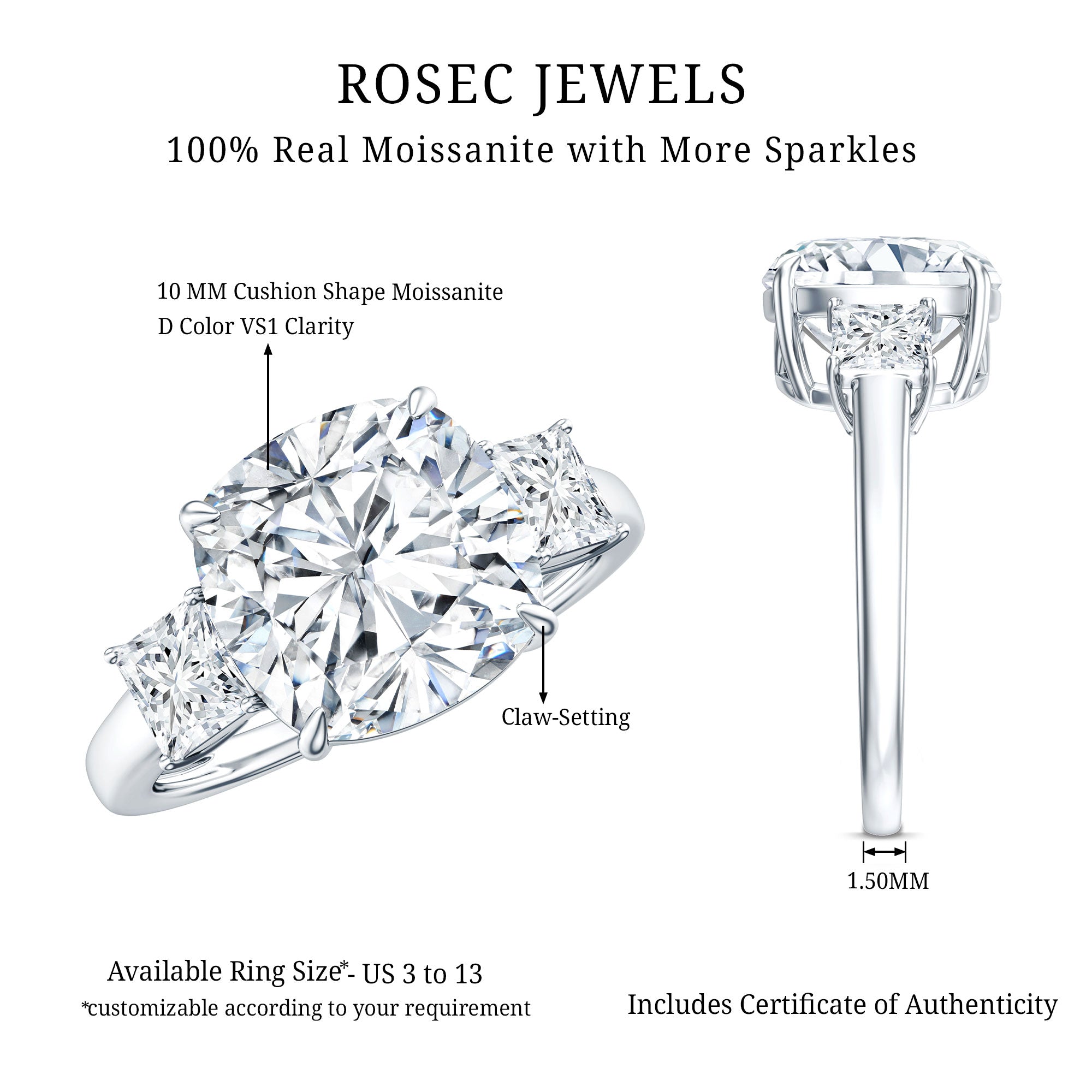 Cushion Moissanite Huge Engagement Ring