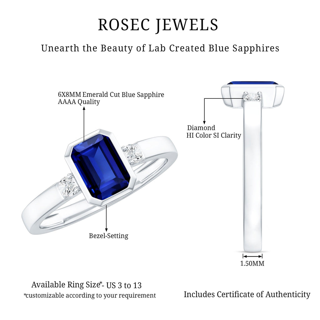 Bezel Set 1.75 Carat Lab Grown Blue Sapphire Emerald Cut Engagement Ring with Diamond